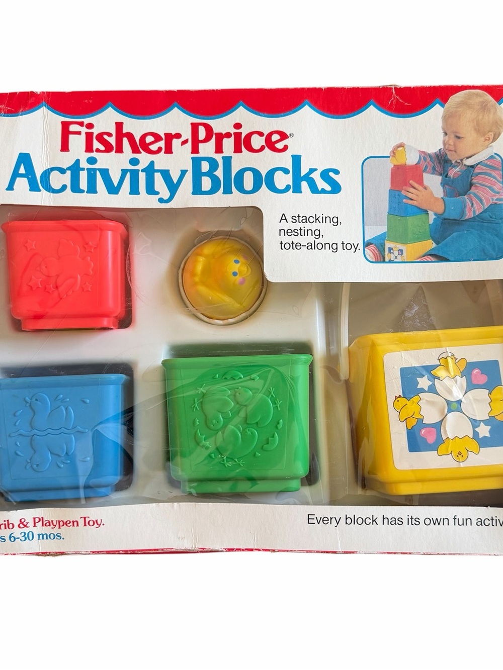 Vintage Fisher Price Nesting Stacking Activity Blocks Crib Toy Complete Box 1986